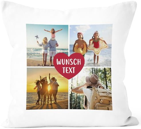 SpecialMe® Kissen-Bezug mit Foto-Collage 4 eigene Bilder und Wunschtext persönliche Geschenkidee personalisierbar Baumwolle Weiss Standard