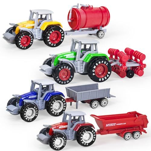 Tcvents 4 Pack Farm Tractor Toys, Die cast Tractor Toys with Trailers for Kids 3-5 Detachable Alloy Farm Tractors and Truck Toys for Toddlers Boys 3 4 5 6 7 8 Birthday Gift & Cake Toppers