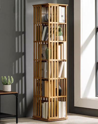 5/6 Etagen drehbares Bücherregal-Bambus,360° drehbarer Bücherregal-Turm,Eck-Bücherregal/Freistehende Aufbewahrungs-Organisator-Buchregal,Bücherregal-Turm für Schlafzimmer,Wohnzimmer (6 Etagen)