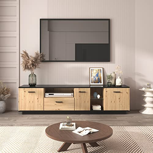 TV-Schrank mit einer Schublade, drei Türen, zwei offene Fächer mit Glas TV-Möbel, TV-Lowboard Feinstruktur. Schwarze und natürliche Holzfarben. 15 variable LED-Leuchten. (180 L x 40 B x 45 H(cm))