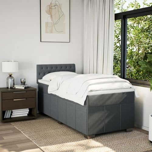 IKAYAA Boxspringbett 100 x 200 cm - Bett mit LED Beleuchtung, Federkern Matratze,Topper & Kopfteil - Polsterbett 100 x 200 cm mit Matratze - Bett mit Matratze und Lattenrost Dunkelgrau Type-1