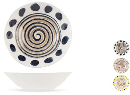 H&H-Boho, set 6 piatti fondi stile boho, piatti con decori colorati, assortiti, stile rustico, in porcellana, 18 cm, lavabili in lavastoviglie