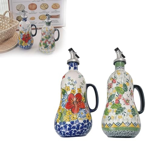 HFLWYWD Öl- oder Essigspenderflasche aus Keramik, 650 ml, 2 Stück, handbemalt, Edelstahl-Ausgießer