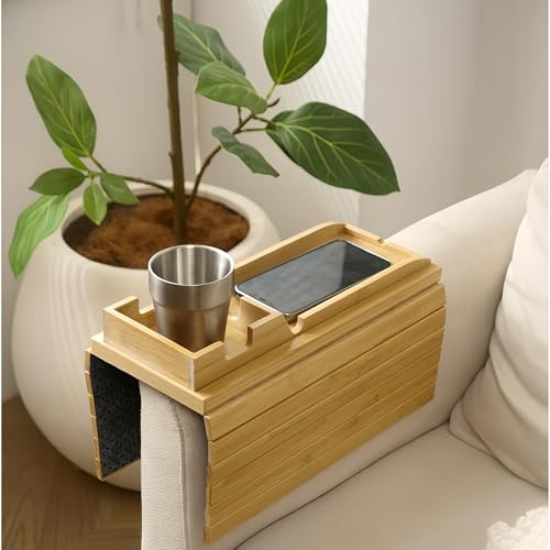 Uwenkjie Natural bamboo sofa armrest tray, three in one pull-out and detachable sofa cup holder, armrest table with anti slip pad, suitable for storing beverages, snacks, remote control phones, etc