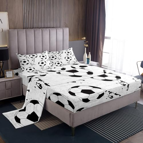 jejeloiu Soccer Bed Sheets Set King Size Kids Football Bedding Set for Boys Girls Ball Pattern Sports Gaming Theme Fitted Sheet Room Decor