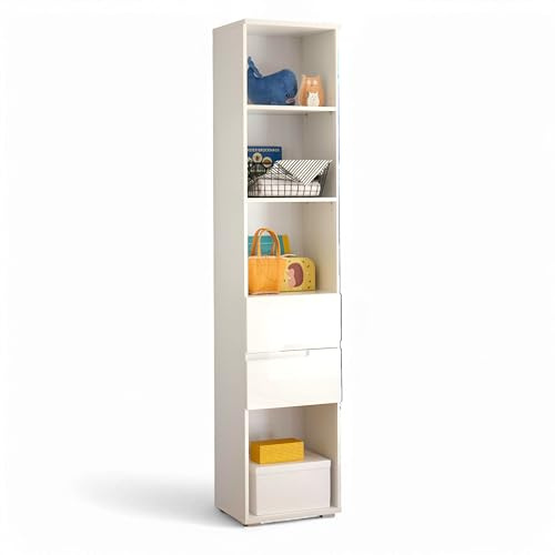 SPICE Standregal Regal schmal in Weiß Hochglanz 45 x 209 x 35 cm (B/H/T) | Modernes Regal für das Babyzimmer, 4 offene Fächer, 2 Schubkästen, glänzendes Finish, viel Stauraum