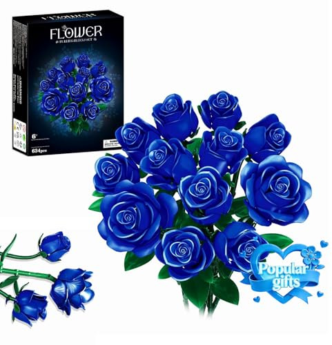 Rongmeiz Jeu de Construction Bouquet de Fleurs, 12 Roses Bleu artificielles Collection botanique Blocs de Construction Jouets éducatifs Cadeau pour Filles Enfant Femmes Saint-Valentin Halloween Noël