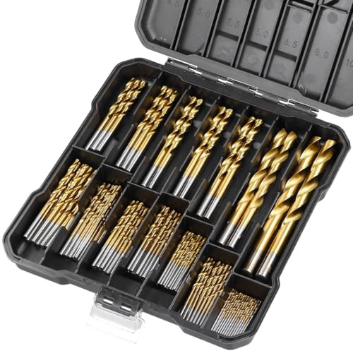 Set di punte elicoidali per trapano, 99 pezzi, punte elicoidali rivestite in titanio in 14 misure da 0,06 a 0,39 cm, kit di punte per trapano HSS resistenti per alluminio, rame, legno, plastica, con