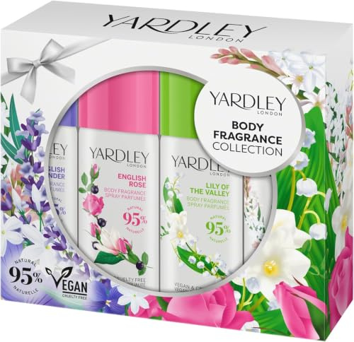Yardley London Body Spray Collection, modern klassiker, 4-pack, engelsk ros, lavendel, jasmin och liljekonvalj, body mist set för kvinnor, deodorantspray med blommönster, perfekt presentset