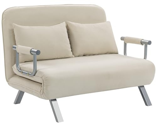 HOMCOM Divano letto a 2 posti, poltrona trasformabile con schienale regolabile in 5 posizioni, chaise longue con 2 cuscini inclusi, divano sfoderabile in pelle scamosciata, 111x80x78cm, beige