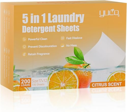 Detersivo in Fogli per Lavatrice fino a 200 Lavaggi, Ecologico, Facili da Usare, A base Vegetale, Biodegradabili, Senza Plastica, Dimensioni Elevate (Agrumi)
