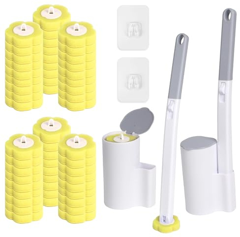 Scopino WC monouso, confezione da 2 con manico allungato e supporto, con 54 ricariche per lavandini, vasche da bagno e piscine (giallo) 48,Wegwerp toiletborstel