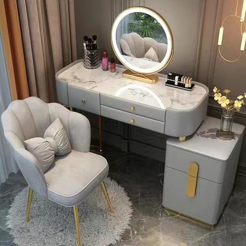 Sminkbord med justerbar ljusstyrka modernt sminkbord med spegel och 5 lådor sammetsstol för sovrum – perfekt för mamma dotter och fru