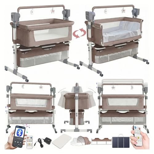 Magic ZC Elektrische Bluetooth Intelligent Beistellbett Baby mit Rollen, Faltbar Co-Sleeping Babybett, Convertible Stubenwagen Wiege mit Fernbedienung, Musik, 5-schwankende Zahnräder (601 Khaki)