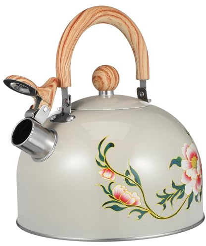 Kichvoe Bouilloire Sifflante Vintage à Motif Floral, en Acier Inoxydable Blanc Crème, Capacité Moyenne 1,8 L, Bouilloire Domestique Compatible Cuisinière Induction, pour Thé et Eau