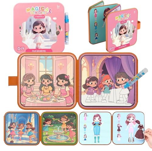 Flintosky Prinzessin Wasser Malbuch Mädchen Ankleidebuch Wiederverwendbar | 2-in-1 Wasser Malbuch, 4 Seiten, Prinzessin Ankleidespiel, Klettverschluss Outfits, wiederverwendbar, Mädchen ab 3 Jahren