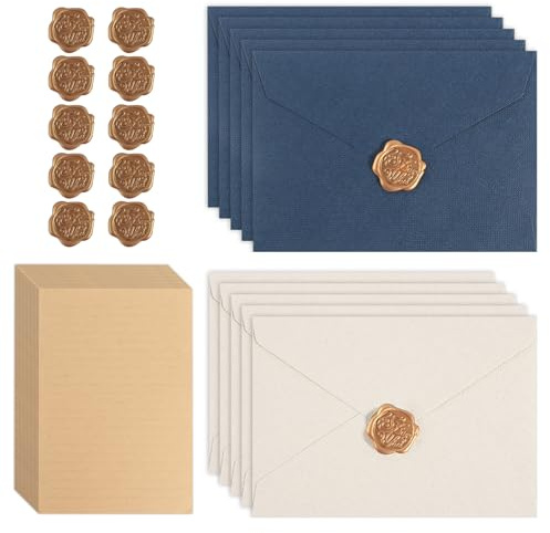 Brevpapper med kuvert, 35 stycken brevpappersset med 10 kuvert och 10 vaxförseglingar, självhäftande och 15 A5-brevpapper, vintagepapper, kärleksbrev till födelsedag, bröllopsinbjudan (blå, vit)