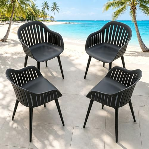 Songvas Gartenstuhl 4er Set, Outdoor Stühle Wetterfest mit Armlehne, Gartenstühle UV-beständig bis 120 kg, Terrassenstuhl Terrasse Balkon Outdoor Garten, Schwarz