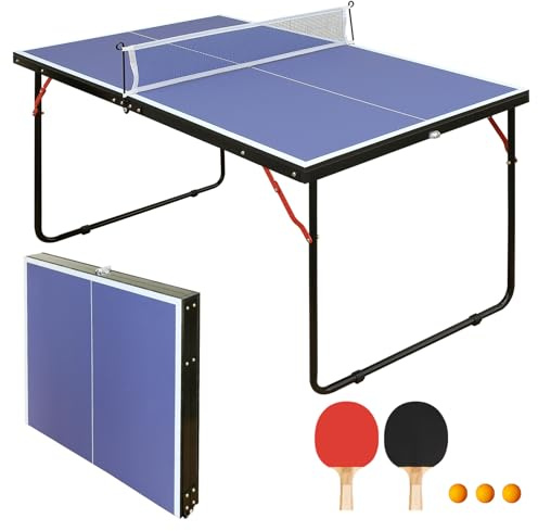 Mini mesa de ping pong plegable de 137 cm – Juego completo con red, 2 raquetas y 3 bolas para interior y exterior, mesa de ping pong portátil para el hogar, color azul
