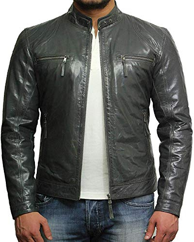 BRANDSLOCK Herren Lammfell Echt Leder Biker Jacke