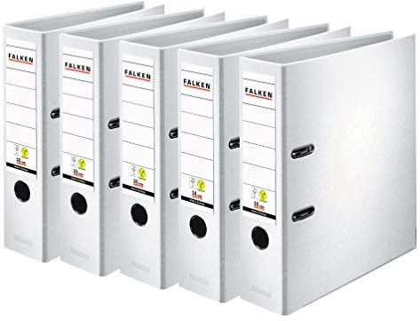 Original Falken 5er Pack PP-Color Kunststoff-Ordner. Made in Germany. 8 cm breit DIN A4 weiß Vegan Ringordner Aktenordner Briefordner Büroordner Plastikordner Schlitzordner