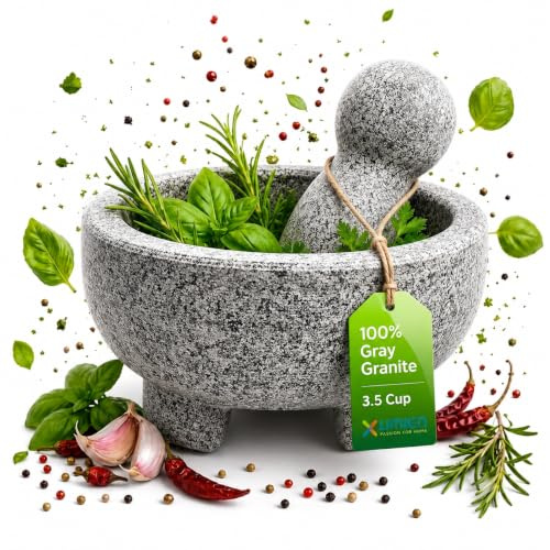 Granite Mortar and Pestle Set Guacamole Bowl Molcajete 8 Inch - Natural Stone Grinder for Spices, Seasonings, Pastes, Pestos and Guacamole - Extra Bonus Avocado Tool Included