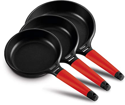 Castey - Set 3 Sartenes Inducción Mango Rojo 24-26-28 cm