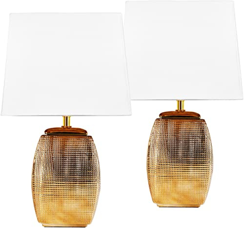 BRUBAKER 2er Set Tisch- oder Nachttischlampen - 38 cm - Gold - Keramik Lampensockel - Schirme Weiß
