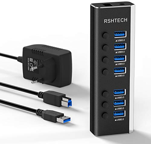 RSHTECH Aluminium 24W USB Hub Aktiv 3.0 mit 12V/2A Netzteil, 7-Port USB 3.0 Hub Multiport USB 3.0 Verteiler, zum Laden und zur Datenübertragung, mit Einzelnen On/Off Schalter und LED (RSH-A37S)