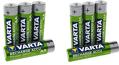 Varta 571644 Batteria Ricaricabile Aa Stilo, 2600 mAh, Confezione da 4 Pile, Pre-Caricate, Pronte all'Uso, Verde/Argento & 56703 Batteria Ricaricabile AAA Ministilo, 800 mAh, Confezione da 4 Pezzi