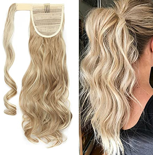 S-noilite Clip in Extensions Haarteil Zopf Pferdeschwanz Gewellt Haarverlängerung Real Natürlich Kunsthaare Wie Echthaar Wrap on Ponytail div. Farben 43cm - Sandblond & Bleichmittel Blond