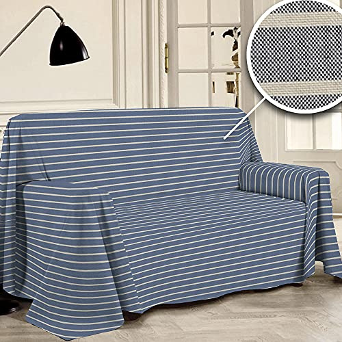 PENSIERI DELICATI Funda de Sofá 180 x 290 cm Made in Italy, Toalla 100% Algodón Puro Reciclado Teñido de Hilo, Fantasía Rayas Azul, Ideal como Tela Decoración, Cubre Sofá, Manta Pícnic