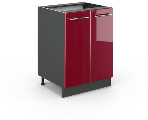 Vicco Küchenunterschrank Fame-Line, Bordeaux Hochglanz, 60 cm | MDF-Front · Ohne Arbeitsplatte · Höhenverstellbare Füße · Metallgriffe · Soft-Close