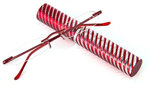 KoKoBin Schlanke Rahmenlose Lesebrille Mini-Taschenleser Sehehilfe mit Stiftetui für Damen und Herren (Rot, +2.5 Dioptrien (1er Pack))