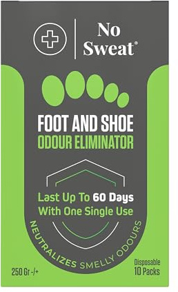 No Sweat Eliminador de olores para zapatos, forma de polvo, 10 unidades, ideal para neutralizar el olor de las botas de fútbol, en práctico set para hasta 60 días de frescura, controla la humedad