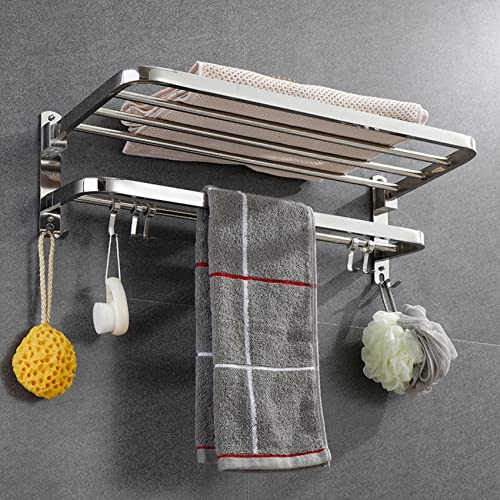 yozhch Toallero de Pared con Barras Dobles, toallero Plateado de Acero Inoxidable con Estante, Soporte Plegable para Toallas de baño con Ganchos (38 cm)