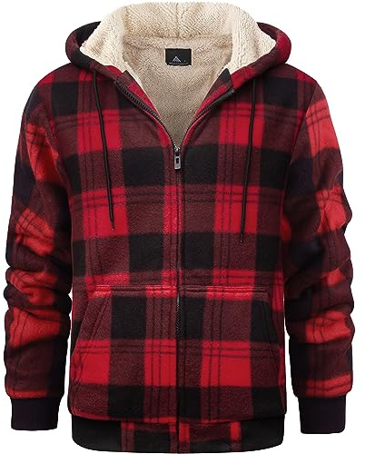 geeksport Felpa Uomo con Cappuccio Giacca Uomo in Pile Felpa Flanella a Quadri Caldo Giacca Invernale Camicia Boscaiolo con Zip 2539 Rosso L