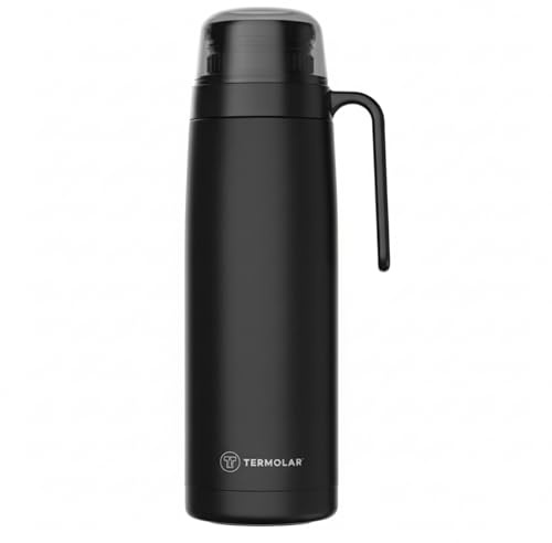 Termo R-EVOLUTION 1L con Pico Cebador para Mate y Asa - Negro | Acero Inoxidable 304 con Retención Térmica 20H Calor / 36H Frío - Botella Aislante de Viaje
