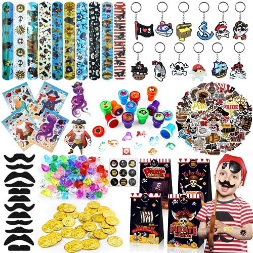 BOIKOKY 206 Stück Piraten Kindergeburtstag, Piratenparty Kindergeburtstag mit Aufklebern, Schlüsselbund, Schnurrbärte, Goldmünzen Give Aways für Kinder Geburtstag Piratenparty Deko