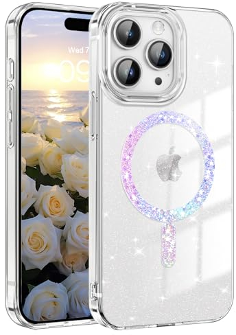 YINLAI iPhone 15 Pro Hülle mit Magsafe - Transparente Glitzer Handyhülle aus TPU Bumper und PC Schale, Leicht Dünn Schutzhülle für 6.1 Zoll, Crystal Klar