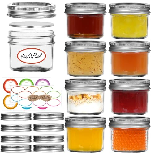 Small Mason Jars, 8 Pack 4oz Glass Mason Jar with Regular Lids, Mini Canning Jar, Ideal for Jelly, Jam, Honey, Dessert, Spice, Wedding Favor, Candles