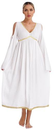 Agoky Damen Engel Kostüm Weihnachtsengel Cosplay Uniformen Langarm Tunika Kleid Goldener Besatz Griechische Göttin Toga Motto Party Outfits Elfenbein 4XL
