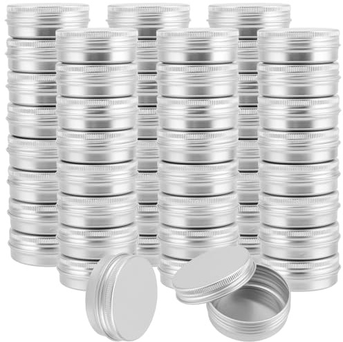 JEUIHAU 50-pack 28 ml aluminiumburkar, runda tennbehållare med skruvlock, resebehållare i metall för läppbalsam, kosmetika, ljus silver