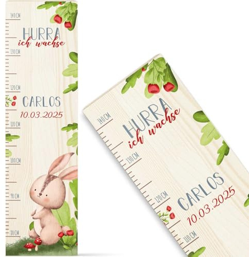 GRAVURZEILE Messlatte für Kinder aus Holz - Tiergruppe Wald - mit Namen für Kinderzimmer - Skala misst 80-140 cm - Größe 20 x 70 x 2 cm - Geschenk zur Geburt für Mädchen & Jungen - Hase