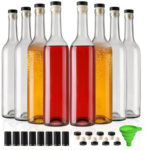 Confezione da 8 bottiglie di vetro trasparente da 750 ml con tappo a T e capsule termoretraibili, bottiglie vuote da 750 ml con imbuto per vino, bevande, succhi di frutta e kombucha