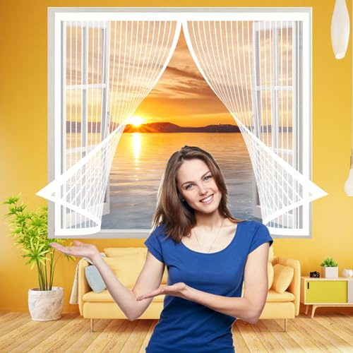 Fliegengitter Fenster 148 x 114 cm, Insektenschutz Polyester Atmungsaktiver Masche, Einfache Installation für Alle Fenster, Weiß