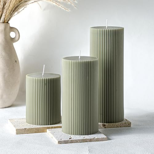 Conelist Ribbed Pillar Candles Set of 3, Width 3 High 4 6 8 Large Soy Wax Orchids Scented Pillar Candles Aesthetic Ribbed Modern Home Decor for Bathroom Living Room(Bean Green)