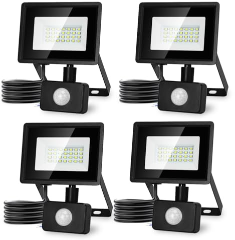Aigostar Foco LED con Sensor Movimiento 20W,1650LM Super Brillo Focos LED Exterior IP65 Impermeable,Blanco Frío 6500K Proyector Led Exterior,Perfectas para Jardín, Garaje, Patio,paquete de 4