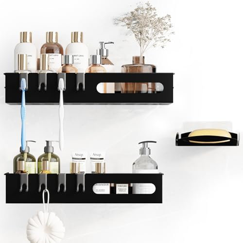 Lehuveky Duschablage ohne Bohren - 3 Stück Schwarz Duschregal - Rostfrei Badezimmer Regal mit Seifenhalter - Große Badregal Shampoo Halterung für Dusche (C Black)