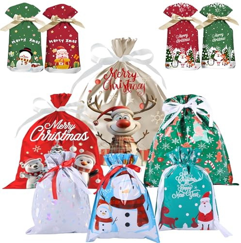 10 Stück Geschenkbeutel mit Kordelzug für Weihnachten,Folie Weihnachtssäcke Wiederverwendbare,Geschenktaschen Klein Mittel Groß Süßigkeiten Kekse Geschenke für Weihnachten Geburtstag Party